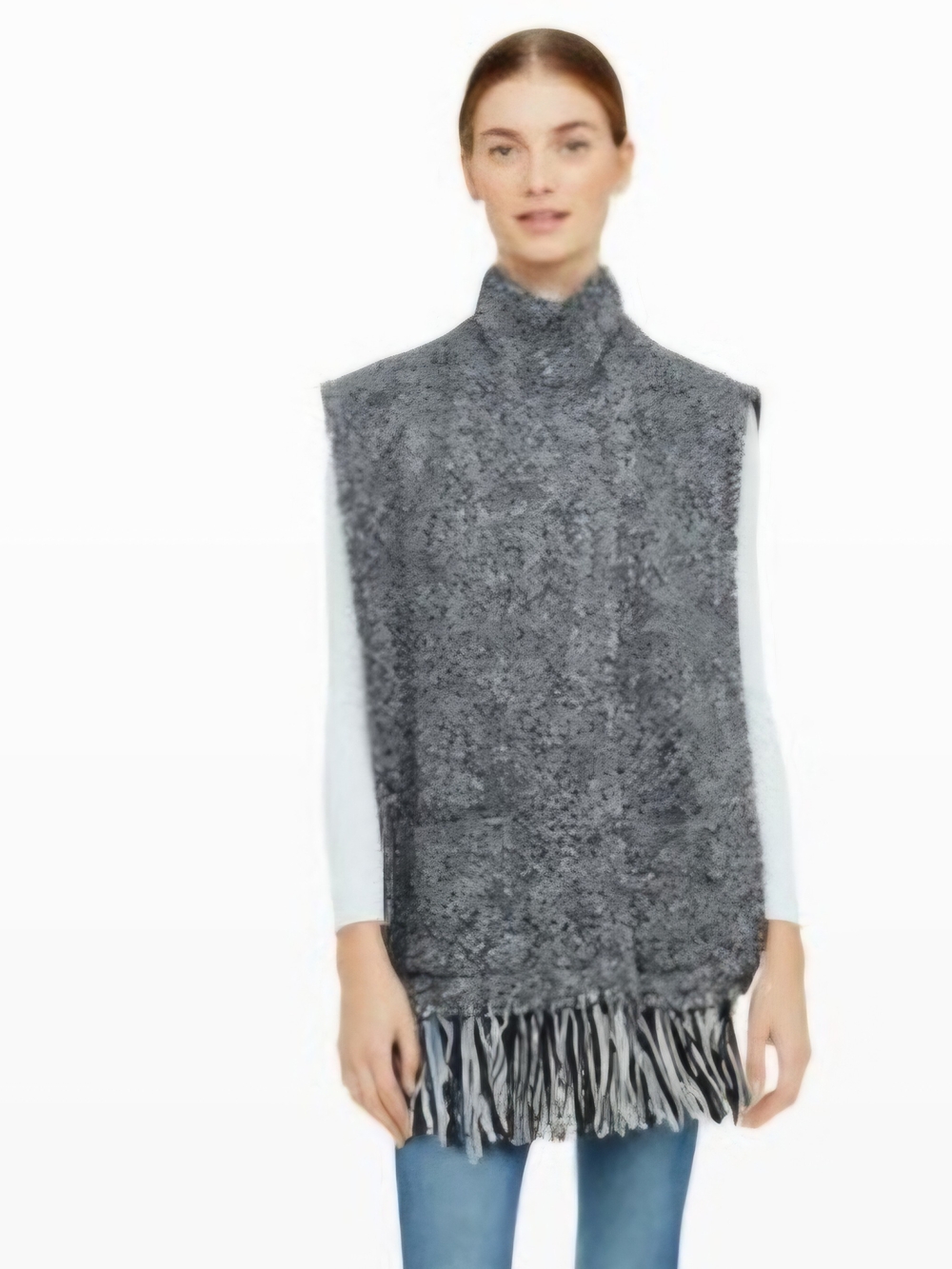 Club Monaco Lambswool Blend Grey Sleeveless Turtleneck Fringe-Hem Tunic One Size
